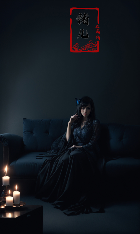 606247209521969386-647694179-cinematic sets，dark wallpaper，with a girl on a sofa surrounded by candles,_matte photo, dark gray and blue, dream-like atmospher.jpg